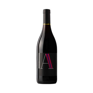 Wine bottle with a minimalistic label featuring the letter 'A' on a white background