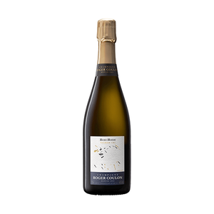 A bottle of Roger Coulon Heri-Hodie 1er Cru Extra Brut Champagne with a white label and gold text.